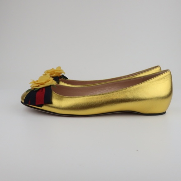 Gucci Web Bow Rose Ballet Flats Gold Metallic - Picture 5 of 6